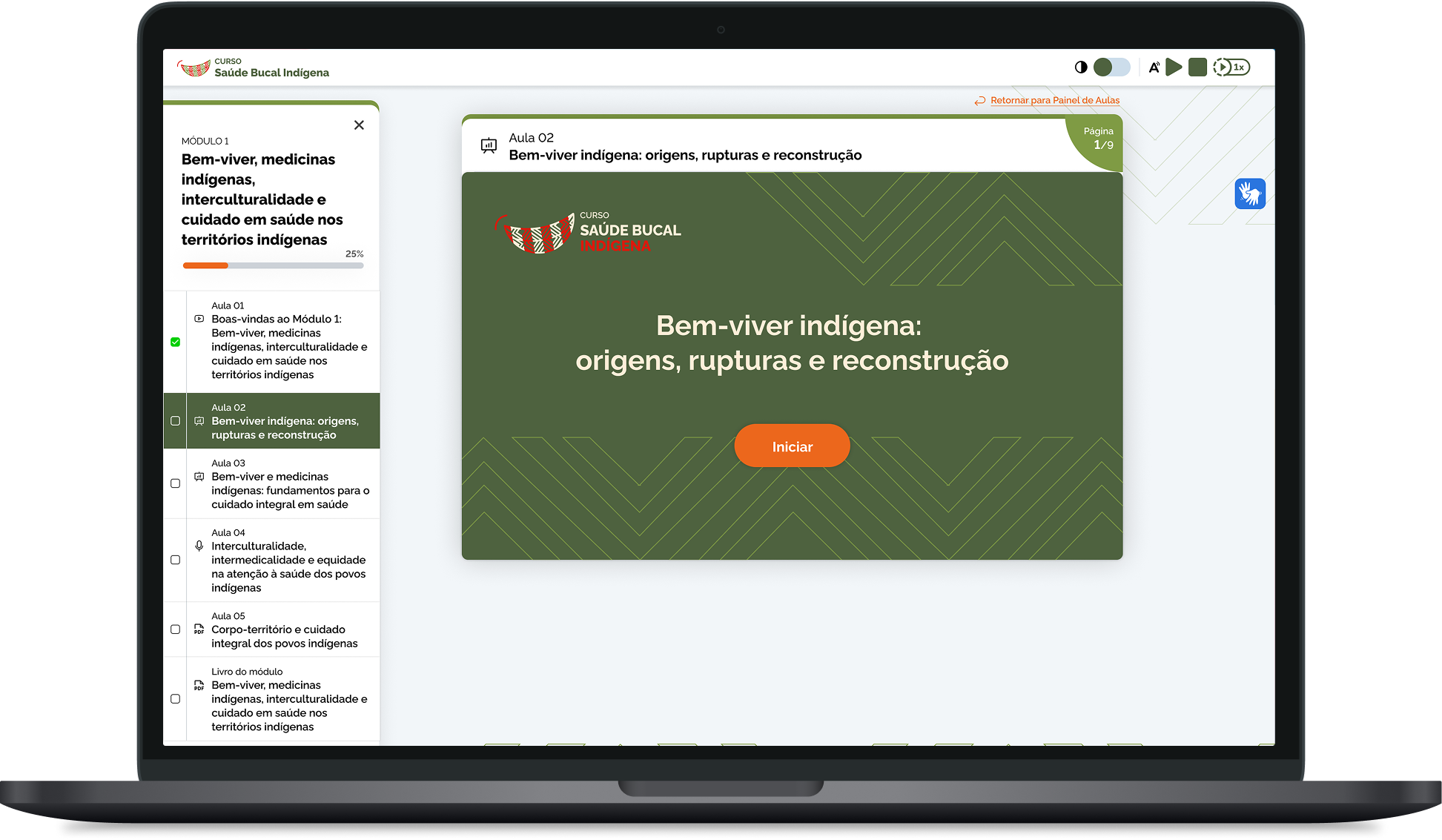 Tela de computador e celular exibem a plataforma de ensino ‘Especialização em Saúde Digital no Sistema Único de Saúde’. Na tela aparecem módulos e aulas organizados em lista, com botões azuis de acesso ao conteúdo.